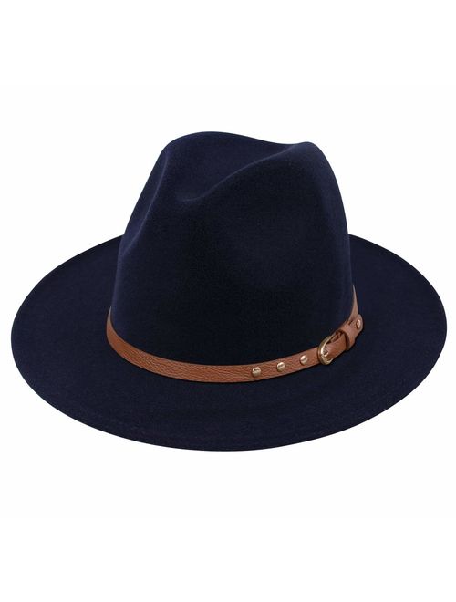 Lanzom Womens Classic Wide Brim Floppy Panama Hat Belt Buckle Wool Fedora Hat