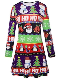 LaSuiveur Women's Christmas Santa Claus Print Pullover Flared A Line Dress