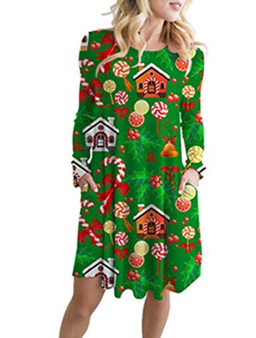 LaSuiveur Women's Christmas Santa Claus Print Pullover Flared A Line Dress