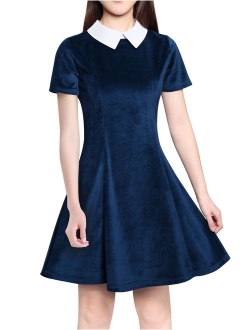 Women's Contrast Doll Collar Short Sleeves Above Knee Flare Dress