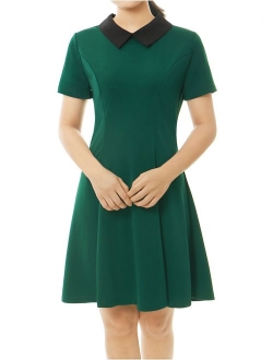 Women's Contrast Doll Collar Short Sleeves Above Knee Flare Dress