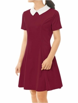 Women's Contrast Doll Collar Short Sleeves Above Knee Flare Dress