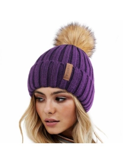 Womens Winter Knitted Beanie Hat with Faux Fur Pom Warm Knit Skull Cap Beanie for Women