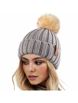 Womens Winter Knitted Beanie Hat with Faux Fur Pom Warm Knit Skull Cap Beanie for Women