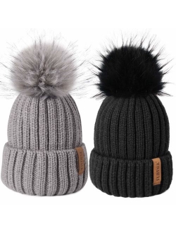 Womens Winter Knitted Beanie Hat with Faux Fur Pom Warm Knit Skull Cap Beanie for Women