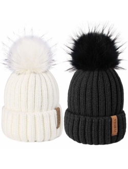 Womens Winter Knitted Beanie Hat with Faux Fur Pom Warm Knit Skull Cap Beanie for Women