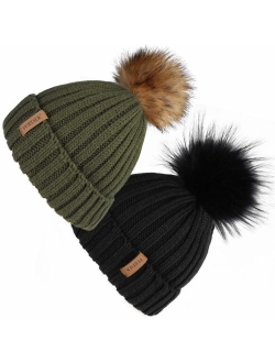 Womens Winter Knitted Beanie Hat with Faux Fur Pom Warm Knit Skull Cap Beanie for Women