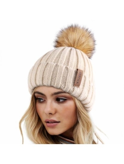 Womens Winter Knitted Beanie Hat with Faux Fur Pom Warm Knit Skull Cap Beanie for Women