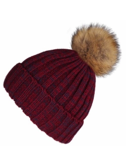 Womens Winter Knitted Beanie Hat with Faux Fur Pom Warm Knit Skull Cap Beanie for Women