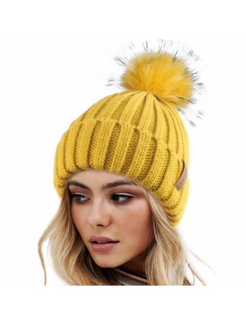 FURTALK Womens Winter Knitted Beanie Hat with Faux Fur Pom Warm Knit Skull Cap Beanie for Women