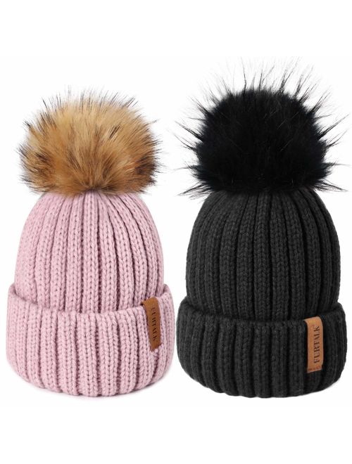 FURTALK Womens Winter Knitted Beanie Hat with Faux Fur Pom Warm Knit Skull Cap Beanie for Women