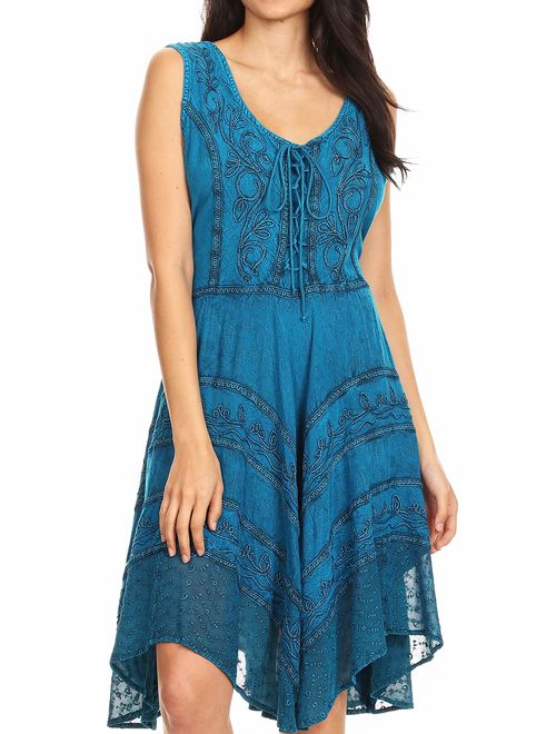 Sakkas Sundara Stonewashed Rayon Embroidered Mid Length Dress