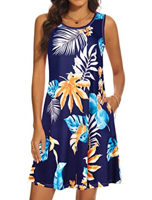 Moskill Summer Beach Dresses for Women Tshirt Sundresses Boho Casual Sleeveless Floral Shift Pockets Swing Loose Damask