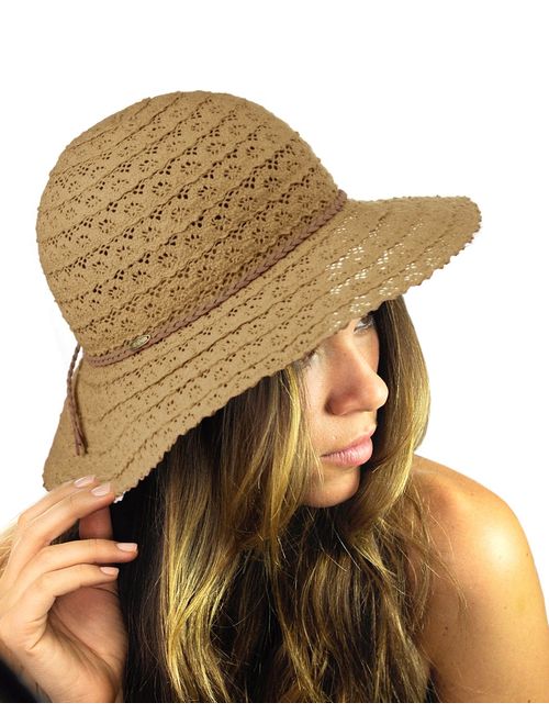 NYFASHION101 Open Knit Brown Braided Trim Vented Cotton Beach Sun Hat