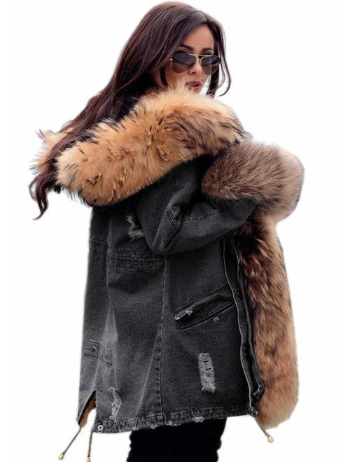 Aofur Womens Hooded Faux Fur Lined Warm Coats Parkas Anoraks Outwear Winter Long Jackets