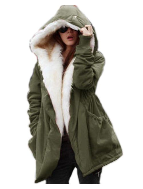 Aofur Womens Hooded Faux Fur Lined Warm Coats Parkas Anoraks Outwear Winter Long Jackets