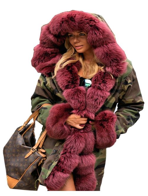 Aofur Womens Hooded Faux Fur Lined Warm Coats Parkas Anoraks Outwear Winter Long Jackets