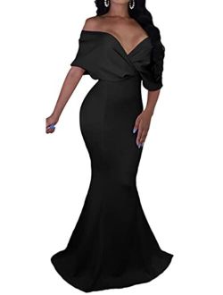 GOBLES Women Sexy V Neck Off The Shoulder Evening Gown Fishtail Maxi Dress