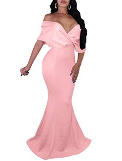 GOBLES Women Sexy V Neck Off The Shoulder Evening Gown Fishtail Maxi Dress