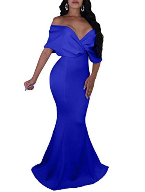 GOBLES Women Sexy V Neck Off The Shoulder Evening Gown Fishtail Maxi Dress