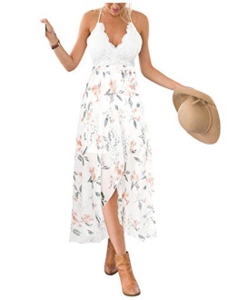 Women's Deep V Neck Sleeveless Summer Asymmetrical Floral Maxi Dress