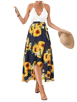 Women's Deep V Neck Sleeveless Summer Asymmetrical Floral Maxi Dress