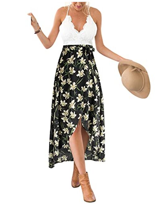 Blooming Jelly Women's Deep V Neck Sleeveless Summer Asymmetrical Floral Maxi Dress