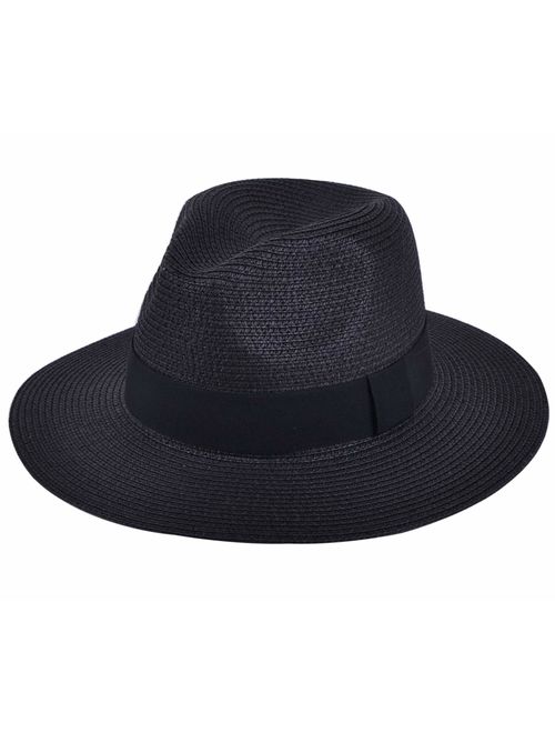 JOYEBUY Womens UPF50 Foldable Summer Straw Hat Wide Brim Fedora Sun Beach hat