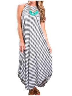 Halife Women's Summer Casual Stripe Sleeveless Loose Beach Maxi Dress