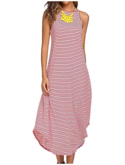 Halife Women's Summer Casual Stripe Sleeveless Loose Beach Maxi Dress