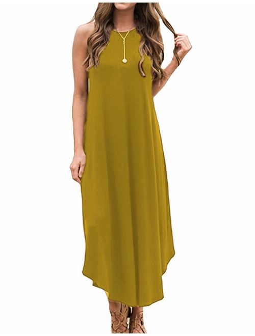 Halife Women's Summer Casual Stripe Sleeveless Loose Beach Maxi Dress