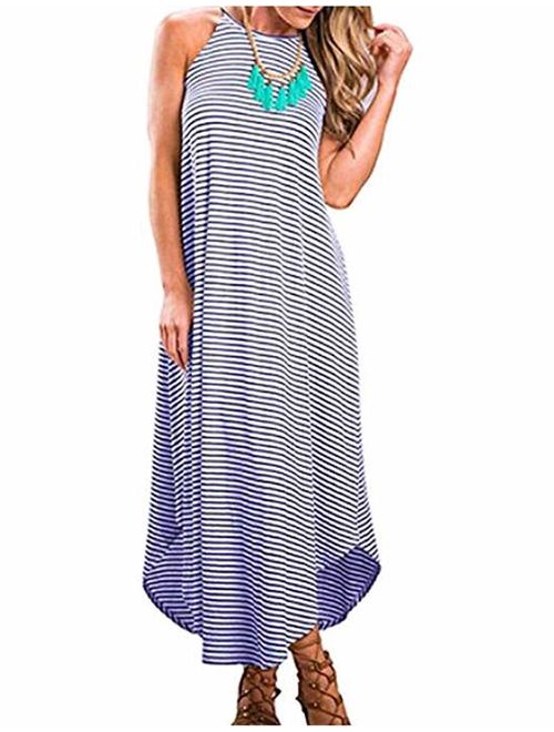 Halife Women's Summer Casual Stripe Sleeveless Loose Beach Maxi Dress