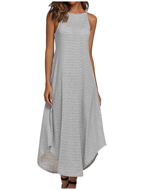 Halife Women's Summer Casual Stripe Sleeveless Loose Beach Maxi Dress