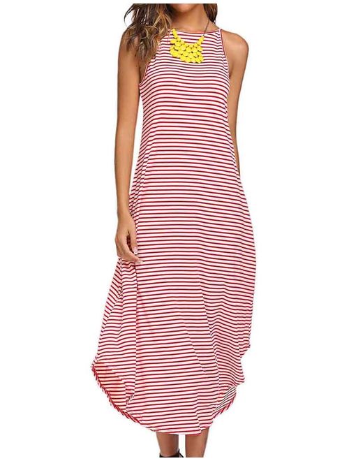 Halife Women's Summer Casual Stripe Sleeveless Loose Beach Maxi Dress