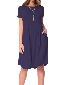 levaca Women's Summer Plain Short Sleeve Pockets Swing Loose Casual Midi Dress