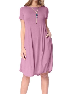 levaca Women's Summer Plain Short Sleeve Pockets Swing Loose Casual Midi Dress