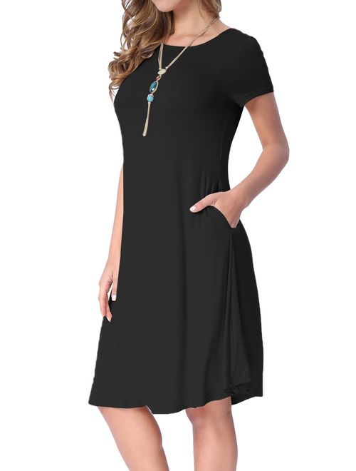 levaca Women's Summer Plain Short Sleeve Pockets Swing Loose Casual Midi Dress