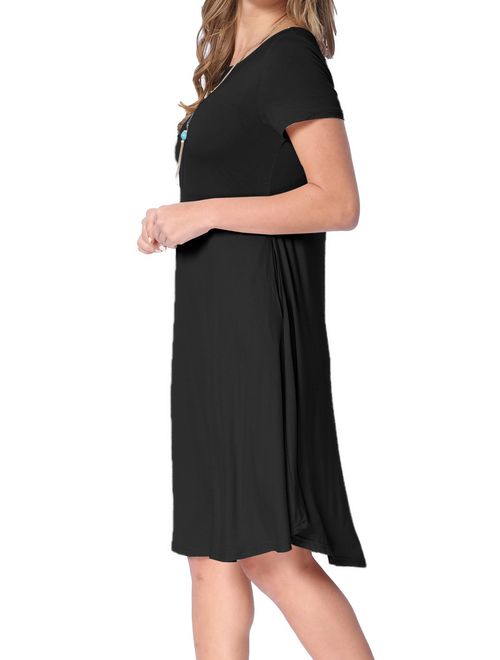 levaca Women's Summer Plain Short Sleeve Pockets Swing Loose Casual Midi Dress