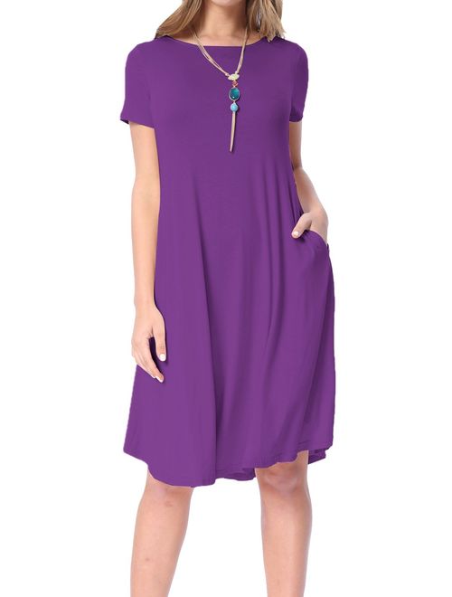 levaca Women's Summer Plain Short Sleeve Pockets Swing Loose Casual Midi Dress