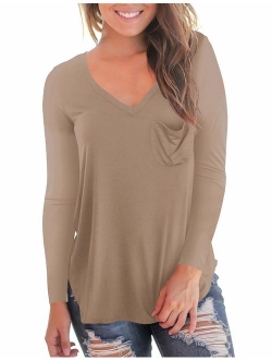 NIASHOT Women's Casual Long Sleeve Solid Soft V-Neck T-Shirt Tops