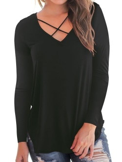 NIASHOT Women's Casual Long Sleeve Solid Soft V-Neck T-Shirt Tops