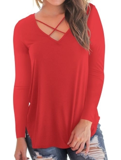 NIASHOT Women's Casual Long Sleeve Solid Soft V-Neck T-Shirt Tops