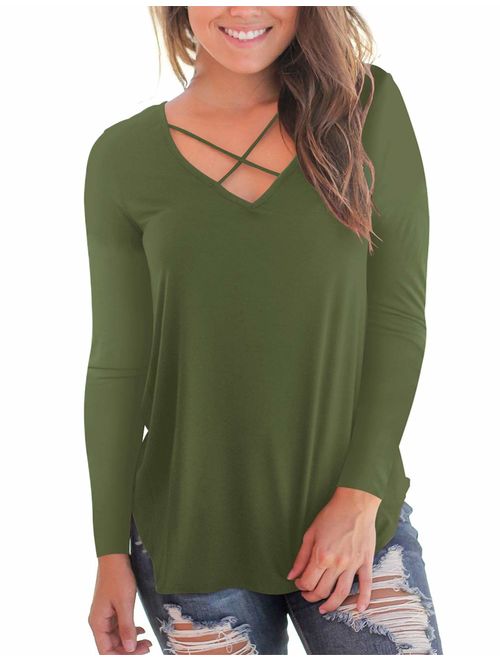 NIASHOT Women's Casual Long Sleeve Solid Soft V-Neck T-Shirt Tops