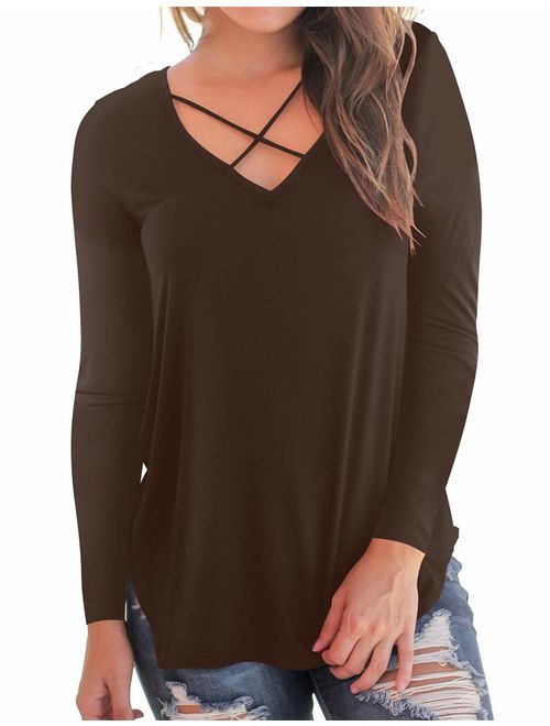 NIASHOT Women's Casual Long Sleeve Solid Soft V-Neck T-Shirt Tops