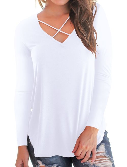 NIASHOT Women's Casual Long Sleeve Solid Soft V-Neck T-Shirt Tops