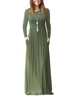 Women's Long Sleeve Loose Plain Maxi Dresses Casual Long Dresses Wite Pockets