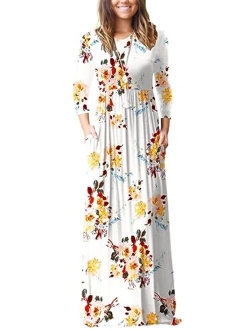 Women's Long Sleeve Loose Plain Maxi Dresses Casual Long Dresses Wite Pockets