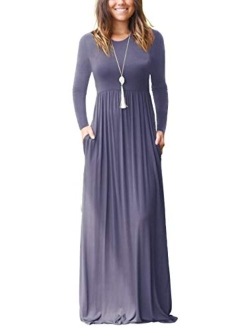 Women's Long Sleeve Loose Plain Maxi Dresses Casual Long Dresses Wite Pockets