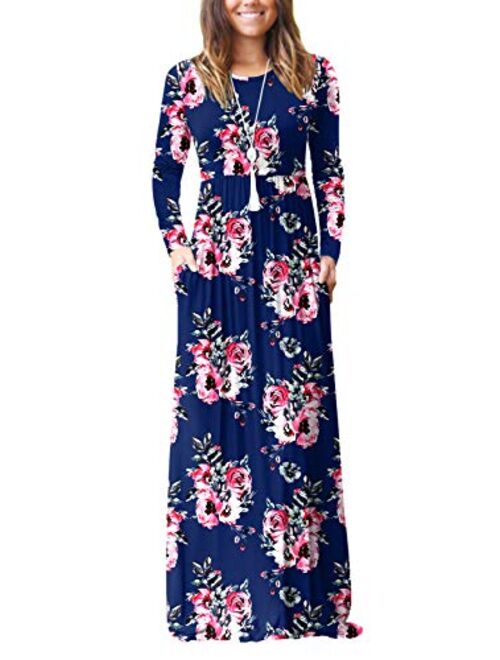 GRECERELLE Women's Long Sleeve Loose Plain Maxi Dresses Casual Long Dresses Wite Pockets