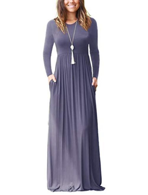 GRECERELLE Women's Long Sleeve Loose Plain Maxi Dresses Casual Long Dresses Wite Pockets